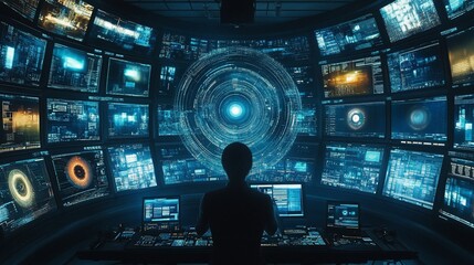 Fototapeta premium Person monitoring futuristic digital displays in control room.
