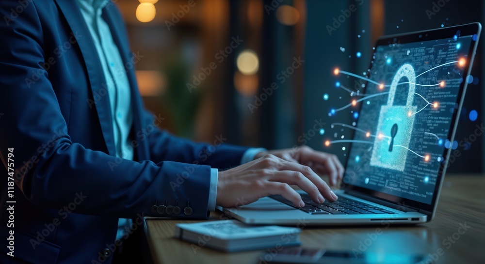 Aufkleber Businessman logs into notebook. Types password in dark office. Digital lock tech shows on laptop screen. Safety, tech concept for security in cyberspace. Data protection secured by code. Focus on