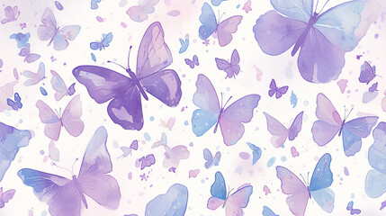 The image is a colorful, artistic depiction of numerous butterflies in various shades of purple, blue, and pink