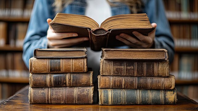 Vintage books collection surrounded by a reader in a library setting with a focus on historical literature