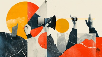 Dynamic contemporary art collage showcasing hands holding megaphones in bold expression