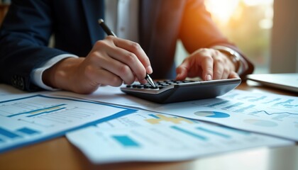 Government employee analyzes public spending data. Person uses calculator, charts to calculate costs. Data analysis helps in transparent budgeting. Employee works in office environment. Report on