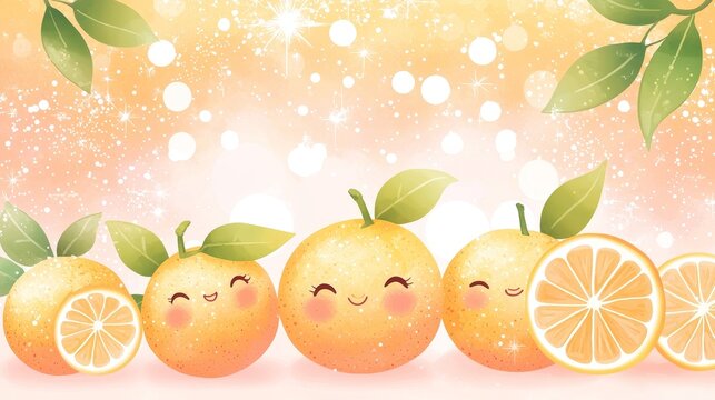 Adorable lemon fruits with kawaii faces, scattered on a soft gradient background, whimsical and playful for children's design themes
