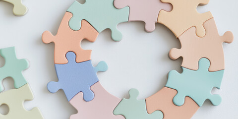 Obraz premium The paper multicolored puzzle pieces are assembled into a circle. Creative wallpaper, teamwork concept, unification