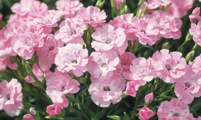 Obraz premium Abundant light pink Dianthus plumarius blossoms in June sunlight , outdoor, close-up, summer