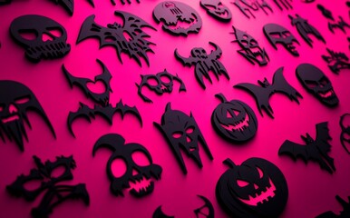 seamless Halloween pattern featuring skulls, bats, ghosts, pumpkins, bones, candies, purple, and black