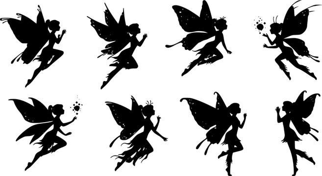 Cute Fairy art. Beautiful Fairies silhouette collection, Little fairies set. Hand drawn vector illustration
