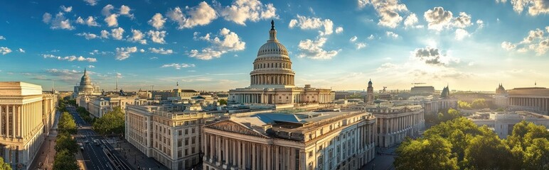 Fototapeta premium Majestic panoramic view of the iconic United States Capitol building and the bustling cityscape of Washington DC the nation s capital at the golden hour of sunrise or sunset The grand