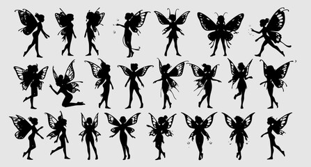 Cute Fairy art. Beautiful Fairies silhouette collection, Little fairies set. Hand drawn vector illustration