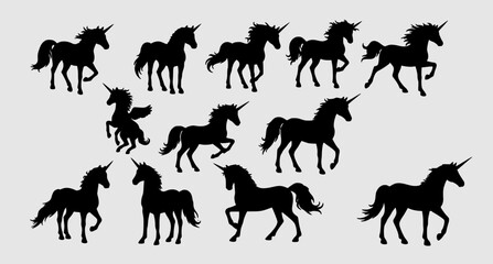 set of Magic Cute unicorns silhouettes. Stylish icons, vintage, background, horses tattoo. Hand drawn vector illustration, outline, isolated different unicorn body collection 
