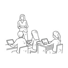 Simple sketch drawing of the students studying with device technology in a class at school. Education themes in simple sketch concept design vector and good for presentation education purpose.