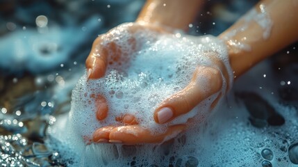 Fototapeta premium Close-up of hands cupped, holding soapy water and foam.