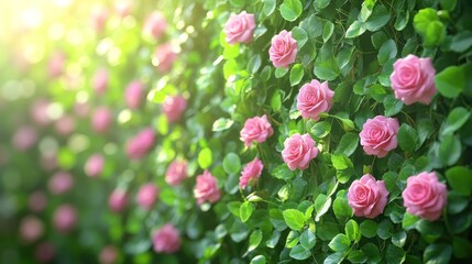 Obraz premium Pink roses blooming on a green hedge in sunlight garden background.