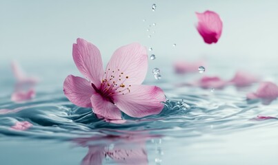 Delicate Pink Flower Falling Into Still Water