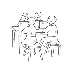 Simple sketch drawing of the students studying with device technology in a class at school. Education themes in simple sketch concept design vector and good for presentation education purpose.