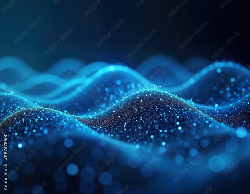 Aufkleber Abstract futuristic blue tech background. Glowing particles form wavy patterns. Dynamic, mesmerizing visual. Creative design for tech companies, digital products. Modern aesthetic. Innovation