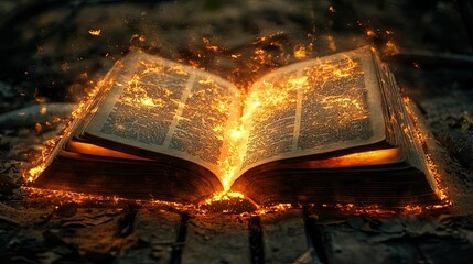Burning book emits glowing flames in a mystical forest setting during twilight hours