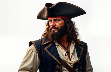 Fototapeta premium Bearded man in pirate costume. Wears classic pirate hat, red bandana. Pirate looks confident, somewhat serious. Long brown hair. Man dressed in vintage clothing like pirate. Historical character with