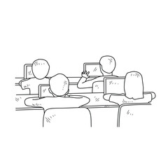 Simple sketch drawing of the students studying with device technology in a class at school. Education themes in simple sketch concept design vector and good for presentation education purpose.