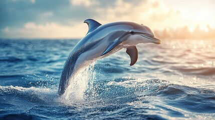 Fototapeta premium Dolphin leaps gracefully above ocean waves at sunset near coastal shoreline