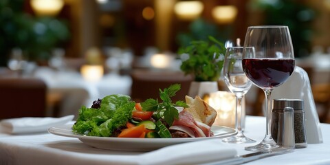 An elegantly arranged table featuring a gourmet meal accompanied by wine, highlighting the culinary art, dining experience, and sophistication of a fine restaurant atmosphere.
