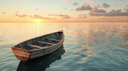 Fototapeta premium A small boat glides atop a watery expanse, framed by a cloudy sky and the fading sun in the distance