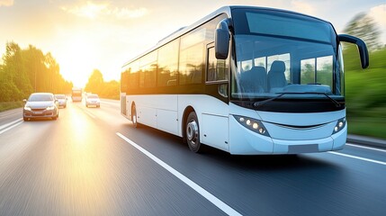 Modern bus traveling on a highway during sunset with other vehicles nearby and a clear sky