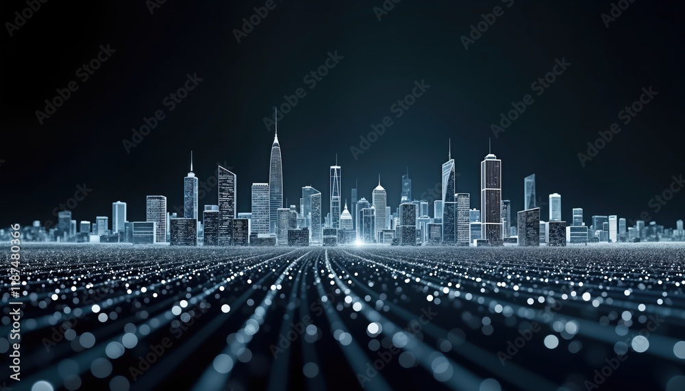 Poster futuristic digital cityscape at night. modern architecture, tech grid with glowing white lines, dots