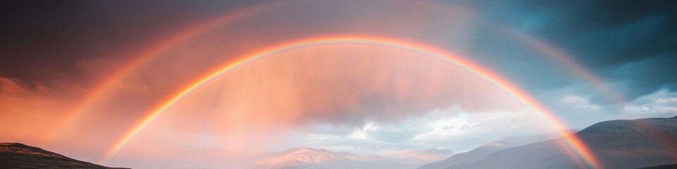 Fototapeta premium A vivid rainbow arcs over the mountains at sunset after the rain