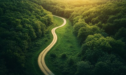 Aerial View of a Winding Dirt Road Through a Verdant Landscape
