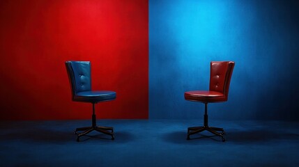 Obraz premium Two contrasting red and blue office chairs positioned in a minimalist empty room The chairs are set against a backdrop of solid red and blue walls creating a bold and striking visual statement