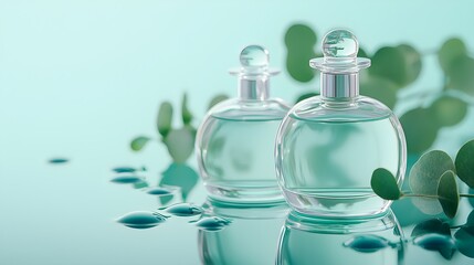 Hydrating skincare bottles with water droplets and eucalyptus, refreshing vibe