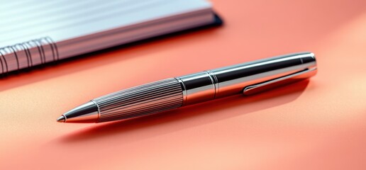 Close-up of silver pen near notebook on coral surface.