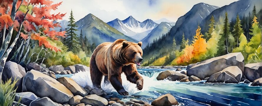 Watercolor illustration of a bear catching salmon in an Alaskan river during daytime surrounded by autumn foliage and mountains