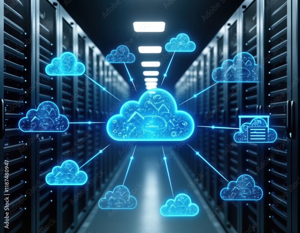 Aufkleber Cloud computing tech visualized in data center. Virtualization, scalability of data storage systems shown. Secure backup services highlighted in network environment. Digital innovation in information