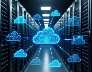Cloud computing tech visualized in data center. Virtualization, scalability of data storage systems shown. Secure backup services highlighted in network environment. Digital innovation in information