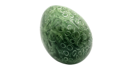 A single green Easter egg with intricate patterns on a white background