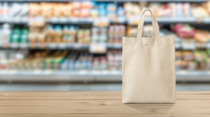 A blank canvas tote bag rests on a wooden table, symbolizing ecofriendly shopping amidst a blurred grocery backdrop.