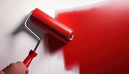 Skillful Application of Red Paint on a White Wall A CloseUp Shot Showcasing Artistic Technique and...