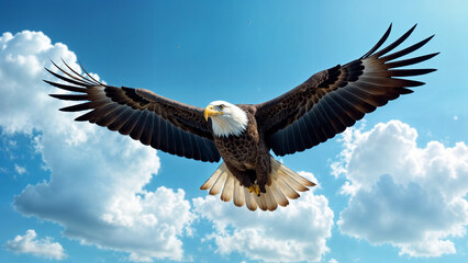 Obraz premium Majestic eagle soaring through a clear blue sky with fluffy clouds