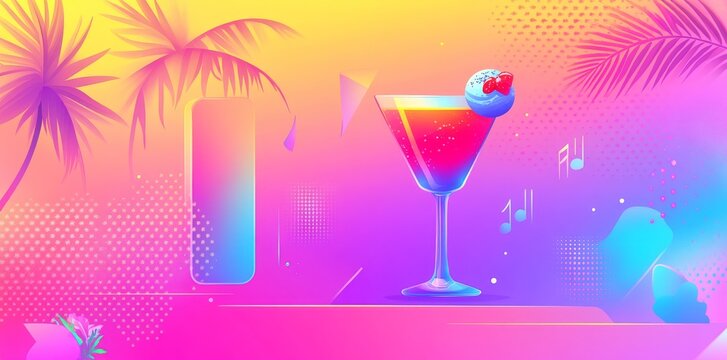 Sleek, straightforward flat illustrations and icons incorporating a geometric summer design and banner, perfect for depicting vacation and tropical travel, enhanced with simple shapes of flowers and