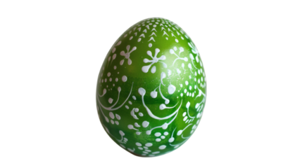 A single green Easter egg with intricate patterns on a white background