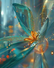 Abstract teal and gold flower with glowing lights and bokeh.