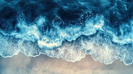Aerial view of ocean wave crashing on sandy beach