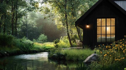 Fototapeta premium A cozy cabin nestled beside a babbling river, complete with a comfortable bed inside
