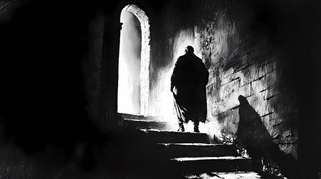 In shakespeare's hamlet the ghost of king hamlet: a translucent, eerie image of the ghost of king hamlet wandering the battlements of elsinore castle in the moonlight. Shadowspire. Illustration