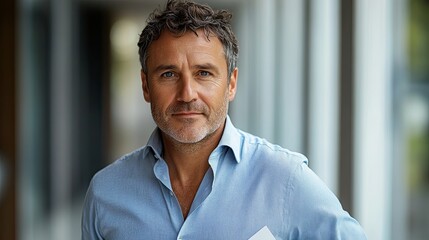 Obraz premium Confident man posing indoors with natural light in a stylish shirt while holding a note during a business meeting or casual gathering