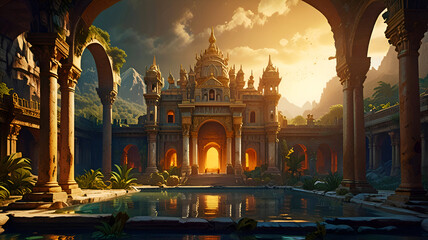 Opulent ancient Temple of lost Lemuria civilization bathed in golden sun  light. culture concept. Ai generated