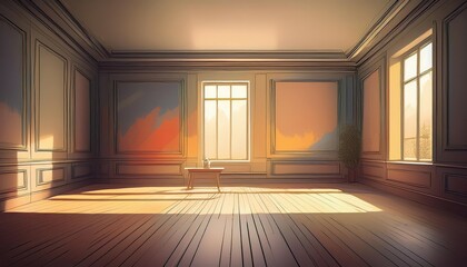 Vibrant Empty Room A Study in Absence and Light, Showcasing a Stark Canvas with Textured Walls and Ambiguous Shadows, Encapsulating the Essence of Minimalism