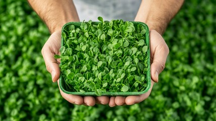 Detailed view of hands carrying lush microgreens trays, city farm backdrop with natural light, emphasizing eco-friendly urban agriculture